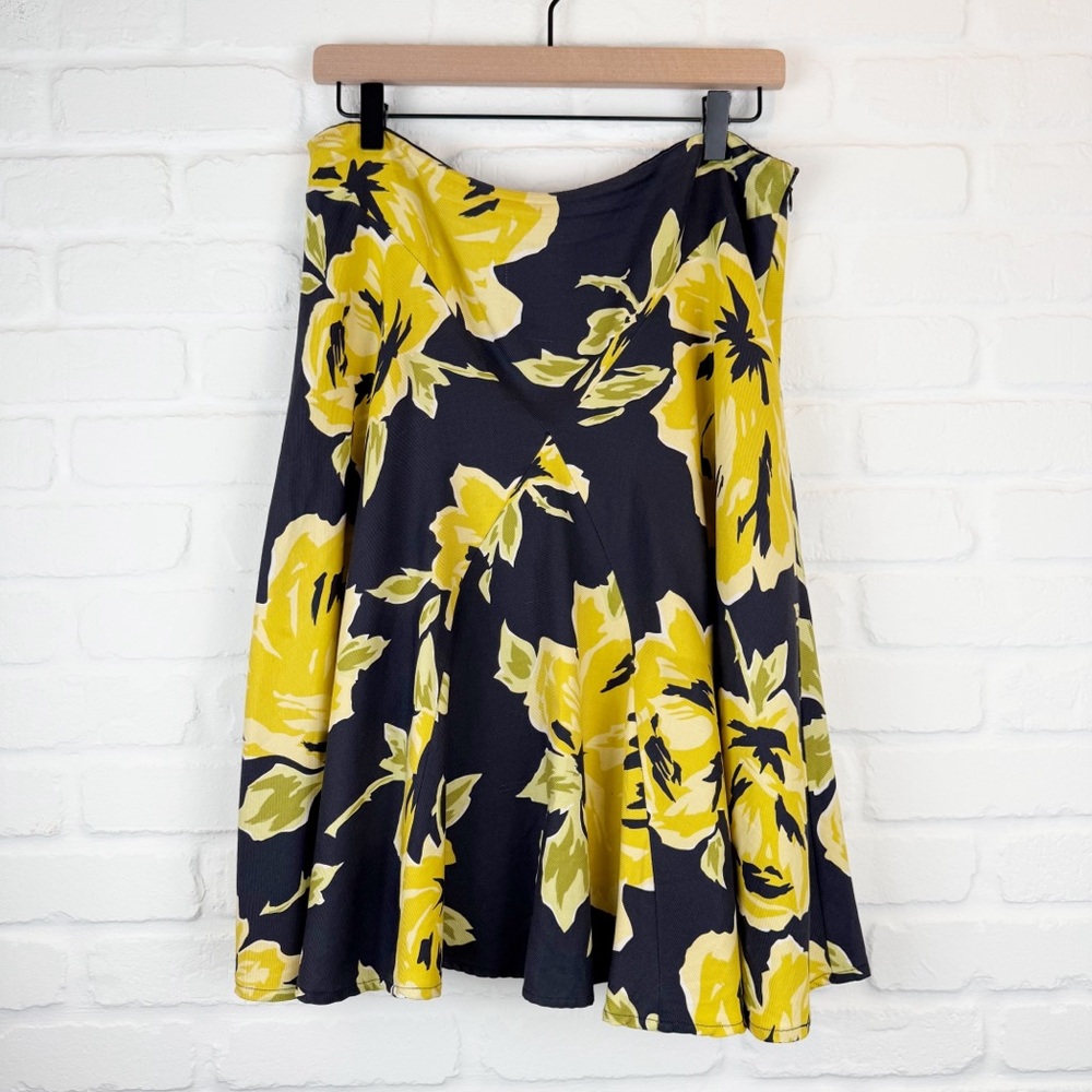 Cache Floral A-Line Skirt Black Yellow Cotton Silk Lined Knee Length size 8